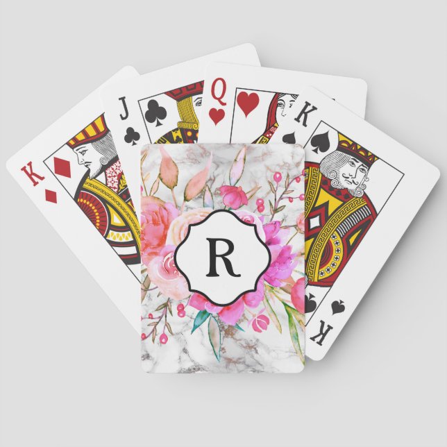 Monogram on Bold Pink Flowers and Gold Marble Playing Cards (Back)