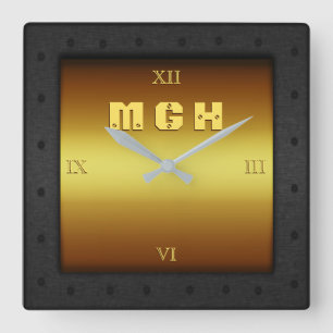 Monogram on brass-effect with riveted steel frame square wall clock