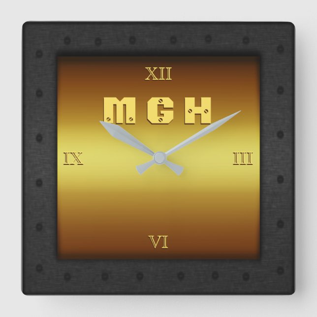 Monogram on brass-effect with riveted steel frame square wall clock (Front)