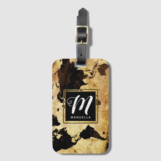 monogram on brownish world map luggage tag (Front Vertical)