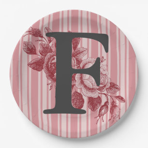 Monogram on Cabbage Roses Red Pink Floral Paper Plate
