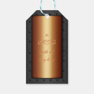 Monogram on copper with riveted steel frame effect gift tags