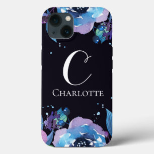 Monogram on Dark Blue with Purple Blue Flowers iPhone 13 Case