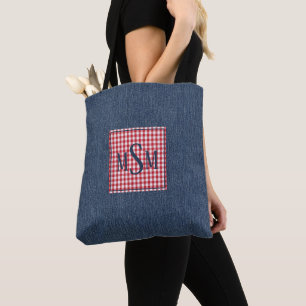 Monogram on Dark Denim Print Shoulder Tote Bag