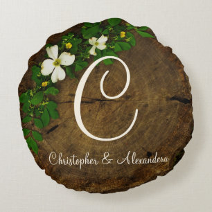 Monogram on Dogwood flowers on wood circle Round Pillow