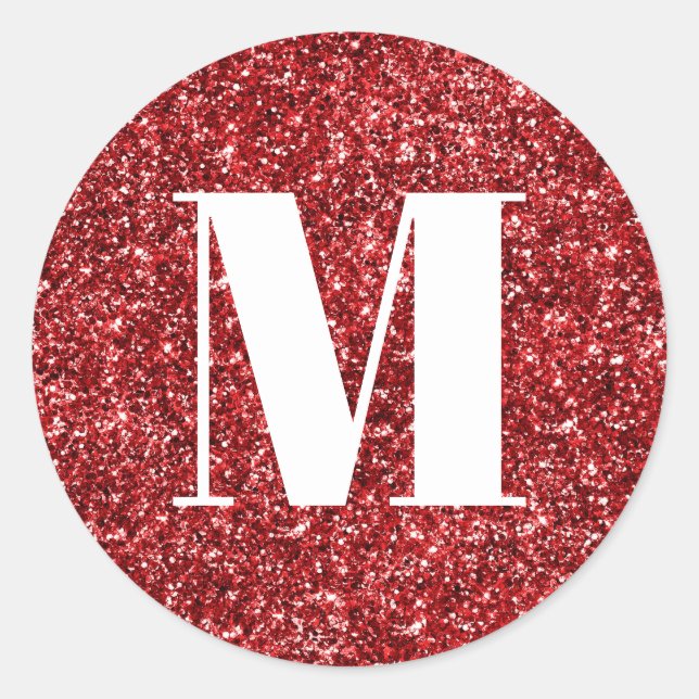 Monogram on Faux Ruby Red Glitter Classic Round Sticker (Front)