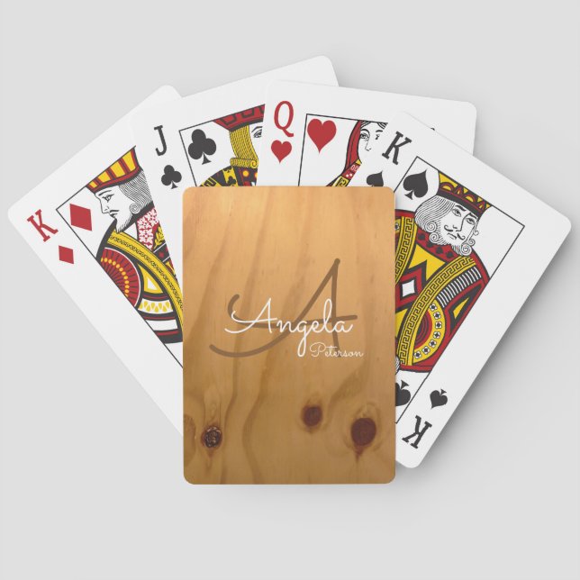 monogram on faux wood  playing cards (Back)