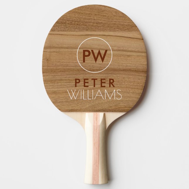 Monogram on faux wood texture rustic ping pong paddle (Front)