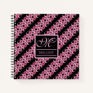 Monogram On Fractal Pink And Black Hardcover Notebook
