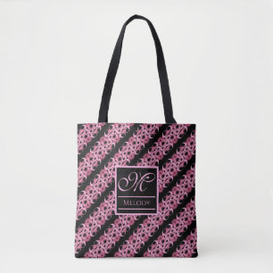 Monogram On Fractal Pink And Black Tote Bag