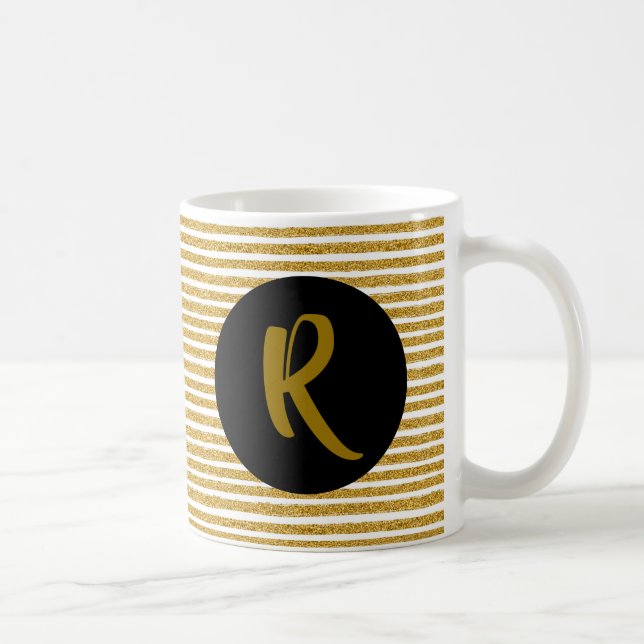 Monogram on Gold Glitter Stripe Mug (Right)