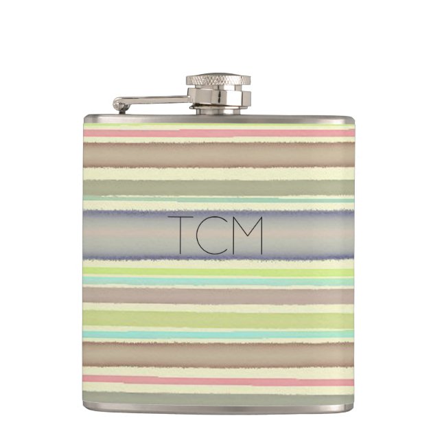Monogram on hand painted watercolor stripes hip flask (Front)