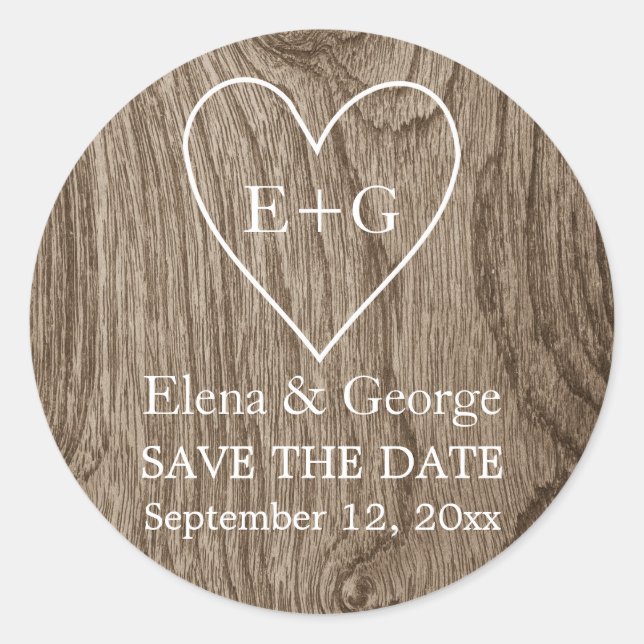 Monogram on heart wood wedding Save the Date Classic Round Sticker (Front)