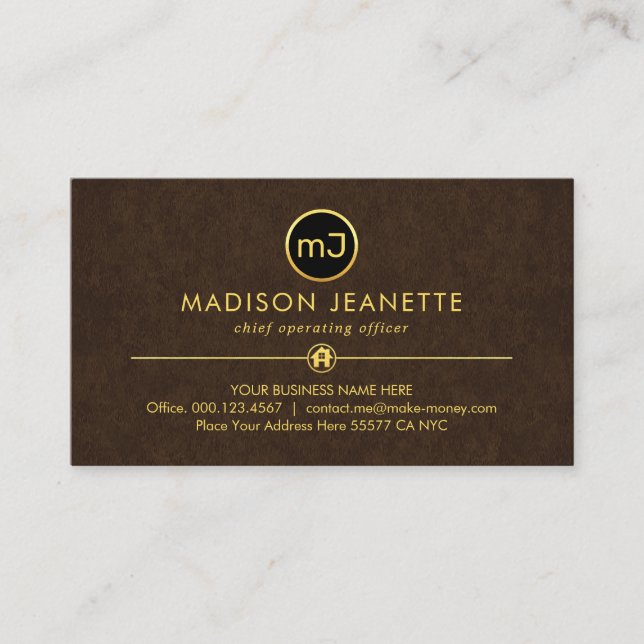 Monogram On Luxurious Brown Grunge Business Card (Front)