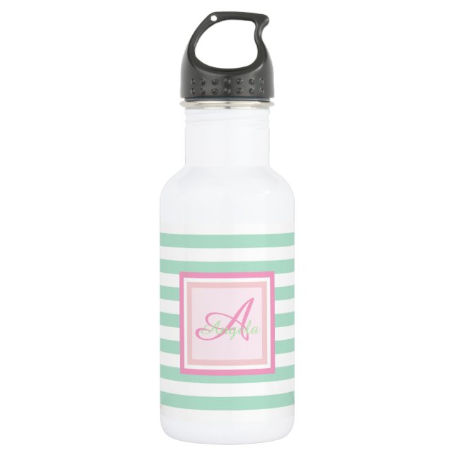 Monogram on Mint Green  Stripes-Personalized 532 Ml Water Bottle (Front)