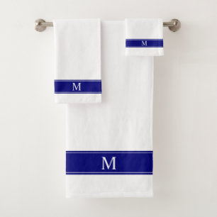 Monogram on Navy Blue and White Minimalist Bath Towel Set