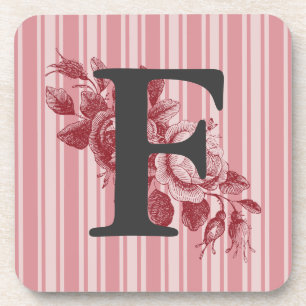 Monogram on Red Cabbage Rose Spray Customize It Coaster