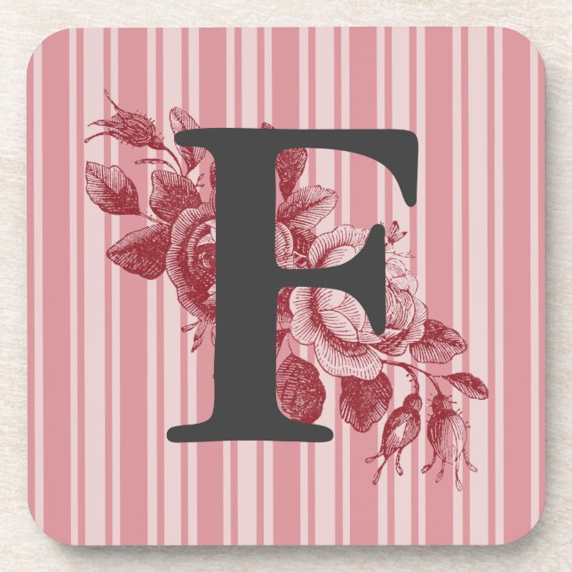 Monogram on Red Cabbage Rose Spray Customize It Coaster (Front)