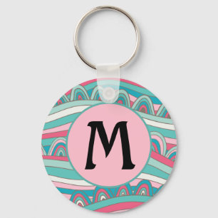 Monogram on Trendy Wavy Background Keychain