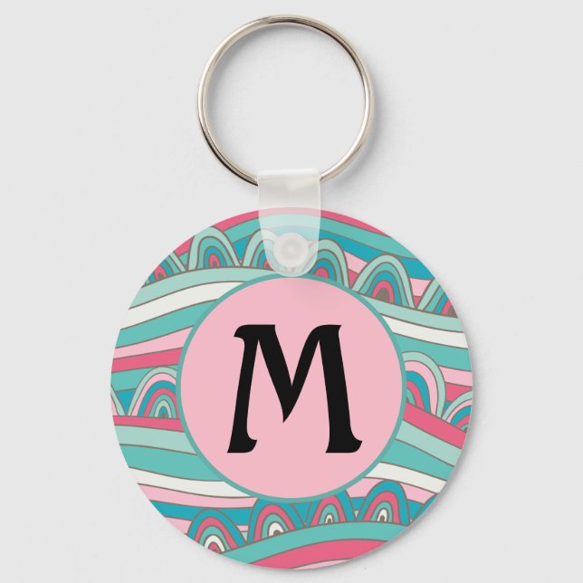 Monogram on Trendy Wavy Background Keychain (Front)