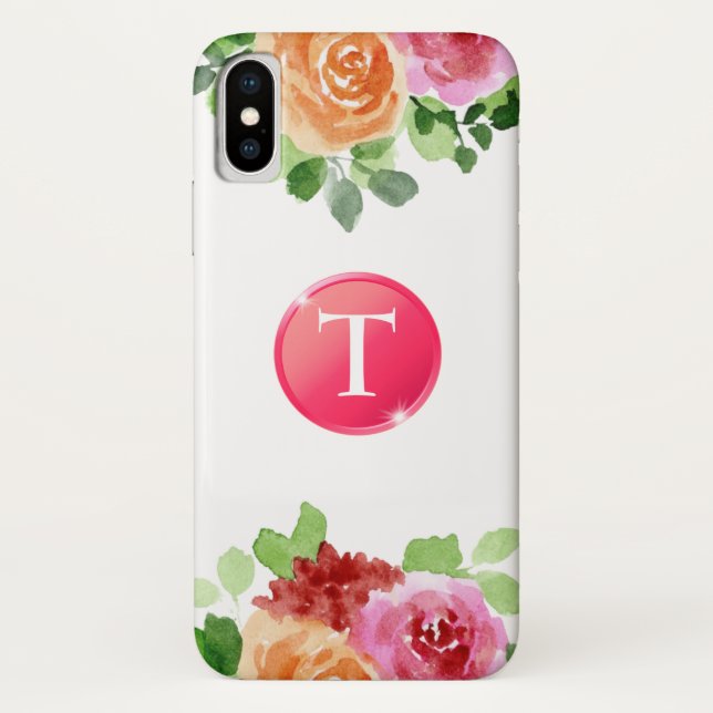 Monogram on Watercolor Floral iPhone X Case (Back)