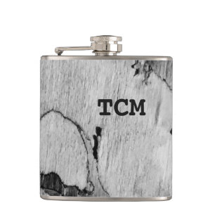 Monogram on wood black and white hip flask