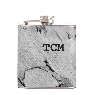 Monogram on wood black and white hip flask