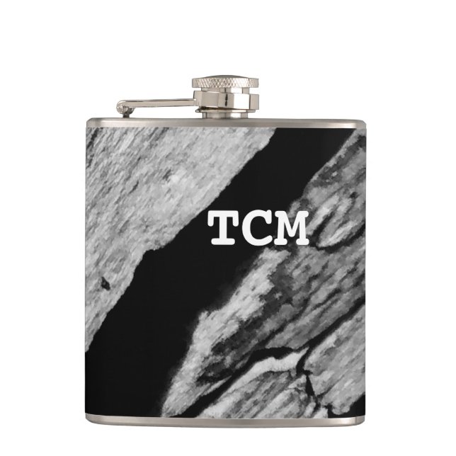 Monogram on wood black and white hip flask (Front)