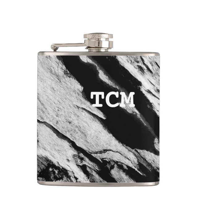 Monogram on wood black and white hip flask (Front)
