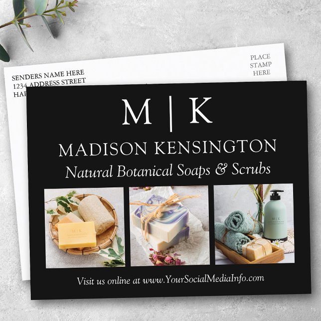 Monogram or Add Logo Business 3 Photos Black Postcard (Edit to Customize text, colors and more.)
