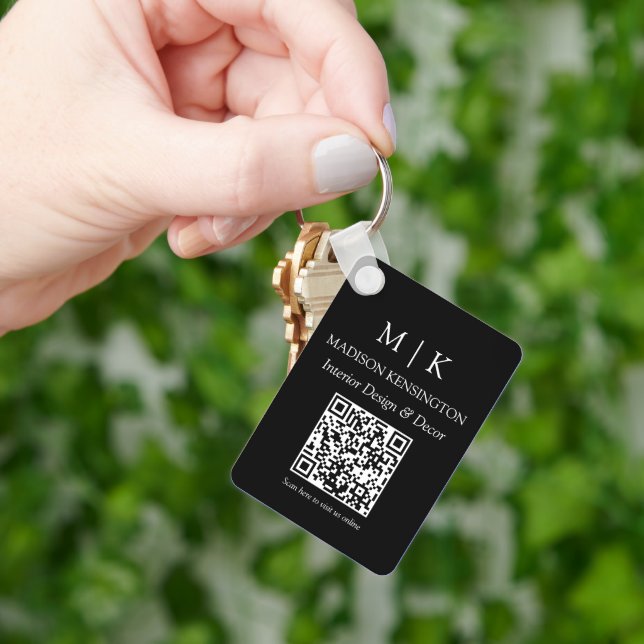 Monogram or Add Logo Business Black QR Code Keychain (Hand)