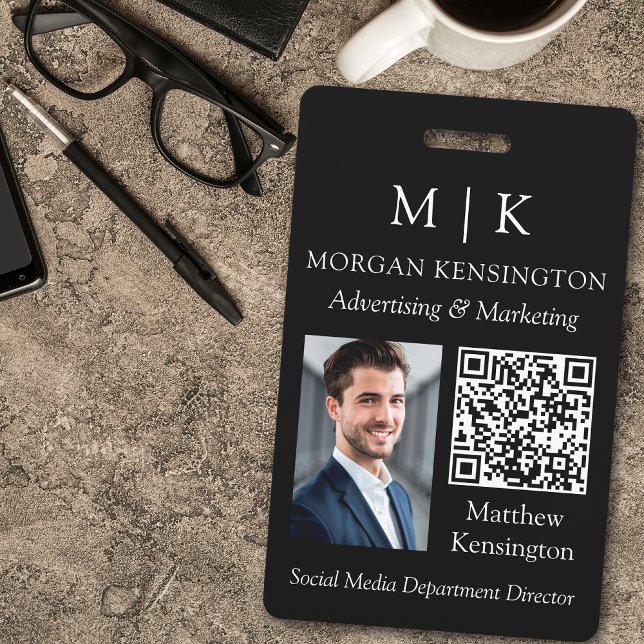Monogram or Add Logo Business Black QR Code Photo Badge (Edit to Customize text, colors and more)