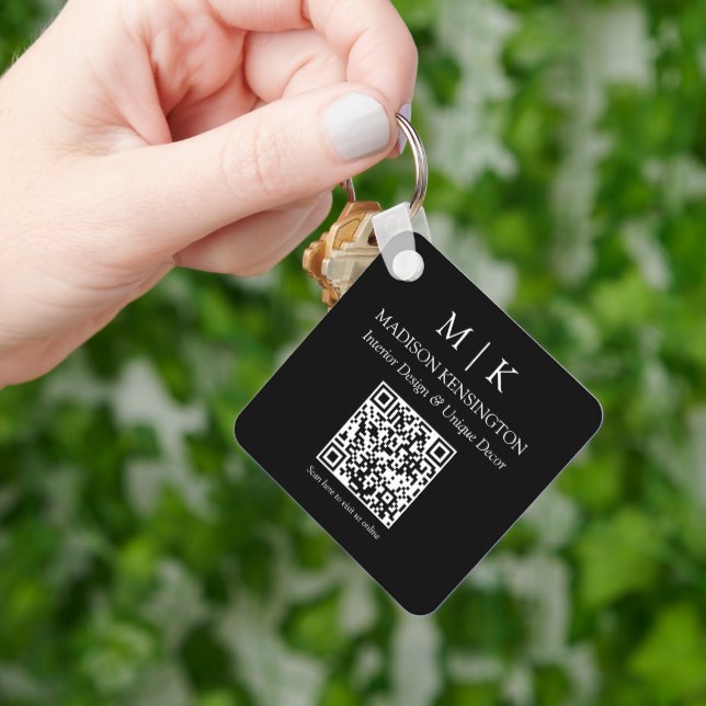 Monogram or Add Logo Business Black QR Code Square Keychain (Hand)