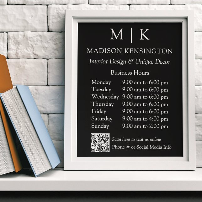 Monogram or Add Logo Business Hours QR Small Black Poster (Edit to Customize text, colors and more)