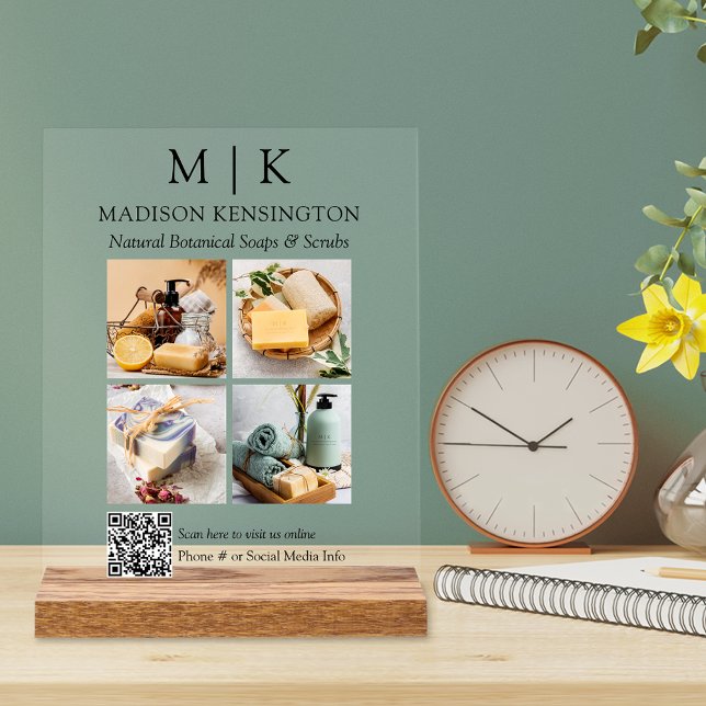 Monogram or Add Logo Business Photos QR Code Clear Acrylic Sign (Customize to change text size or text style.)