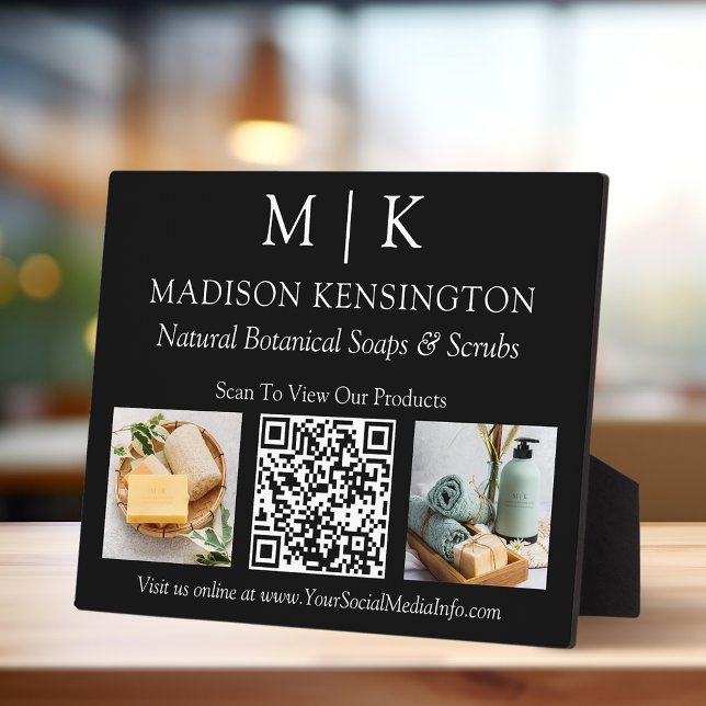 Monogram or Add Logo Business QR 2 Photos Black Plaque (Edit to Customize text, colors and more)