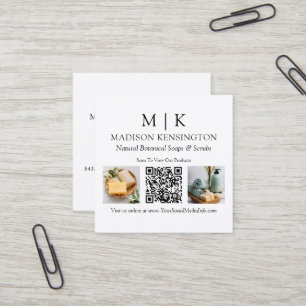 Monogram or Add Logo Business QR Code 2 Photos Square Business Card