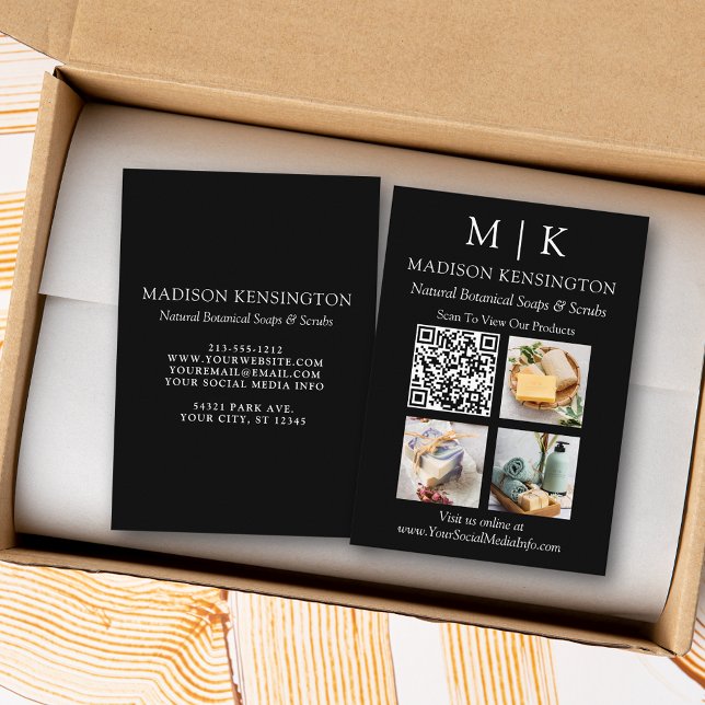 Monogram or Add Logo Business QR Code 3 Photo Business Card (Edit to Customize text, colors and more)