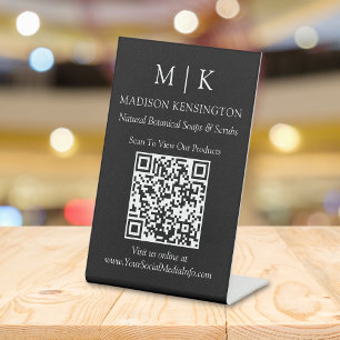 Monogram or Add Logo Business QR Code Black Pedestal Sign
