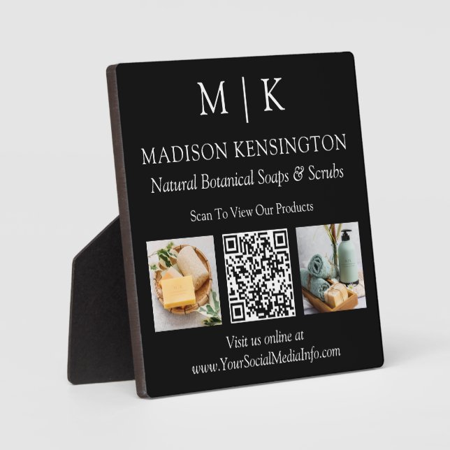 Monogram or Add Logo Business QR Code Photos Black Plaque (Front)