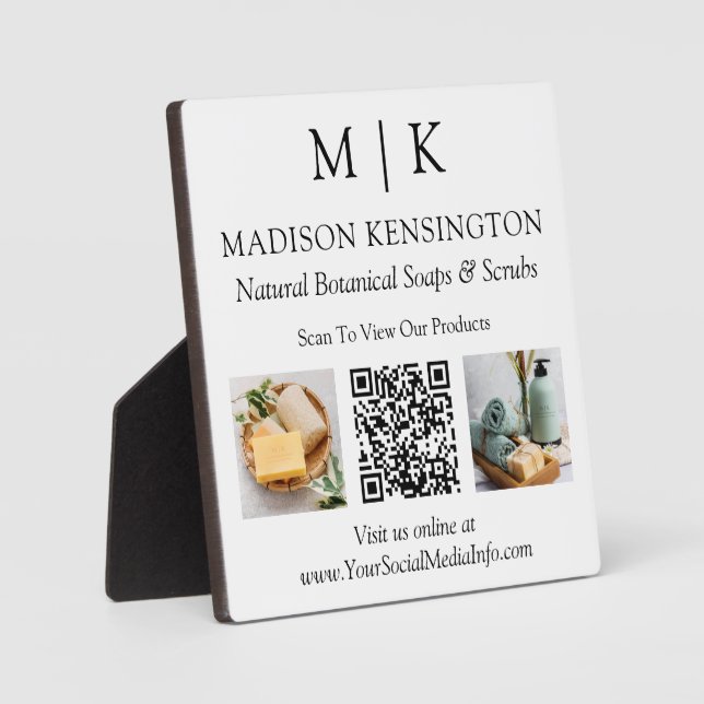 Monogram or Add Logo Business QR Code Photos Plaque (Front)