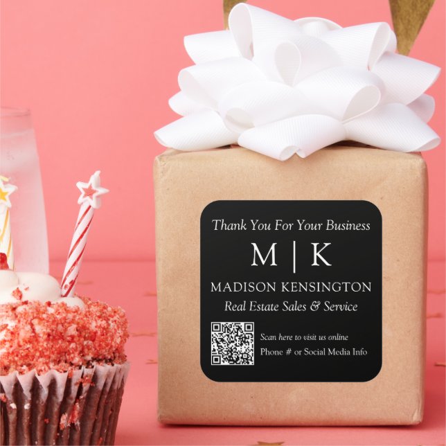 Monogram or Add Logo Business Thank You QR Code Square Sticker (Party)