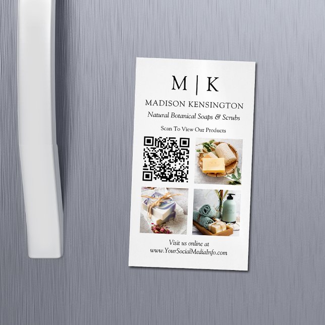 Monogram or Add Logo QR Code 3 Photos Magnetic Business Card (Edit to Customize text, colors and more)
