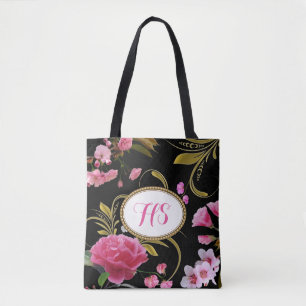 Monogram or Custom Text Pink Flowers Tote Bag