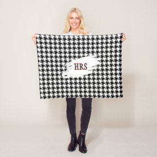 Monogram or Name, Black & White Houndstooth Fleece Blanket