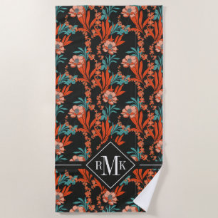 Monogram Orange Abstract Floral Pattern Beach Towel