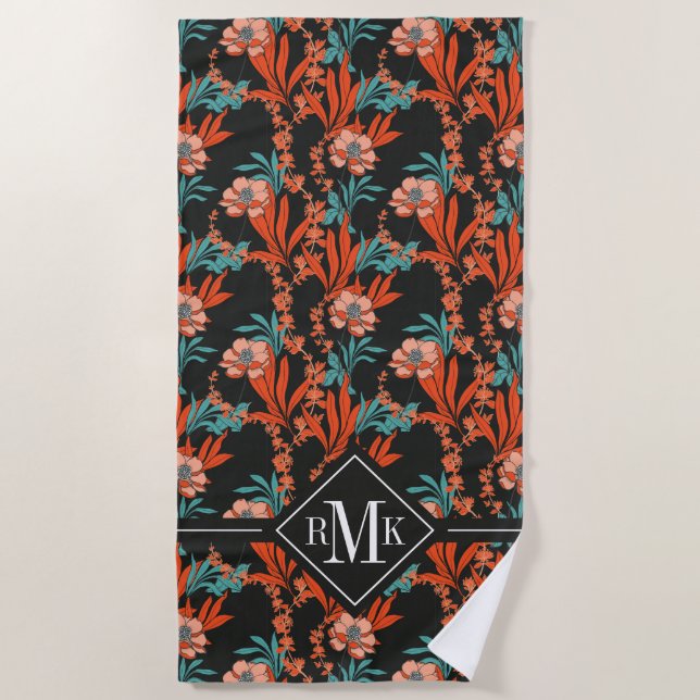 Monogram | Orange Abstract Floral Pattern Beach Towel (Front)