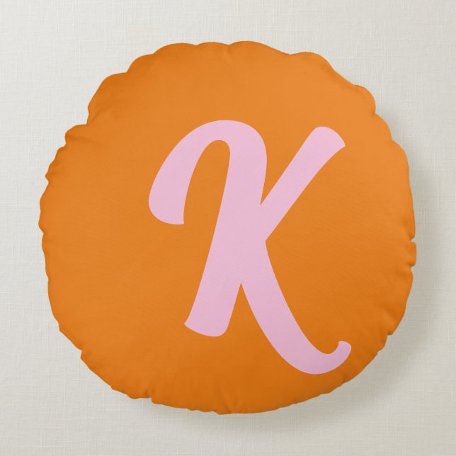 Monogram orange and pink round pillow (Front)
