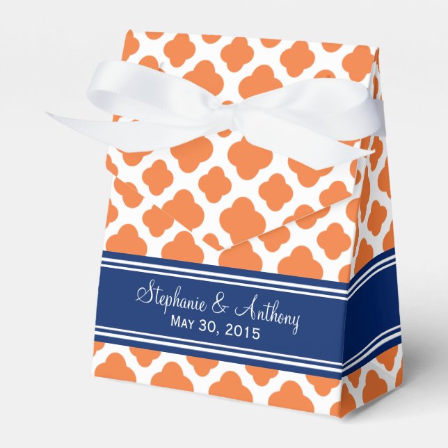 Monogram Orange and Royal Blue Quatrefoil Wedding Favor Box (Front Side)