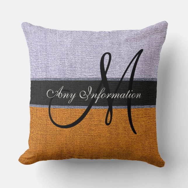 Monogram Orange and Silver Burlap Rustic Jute Throw Pillow (Front)